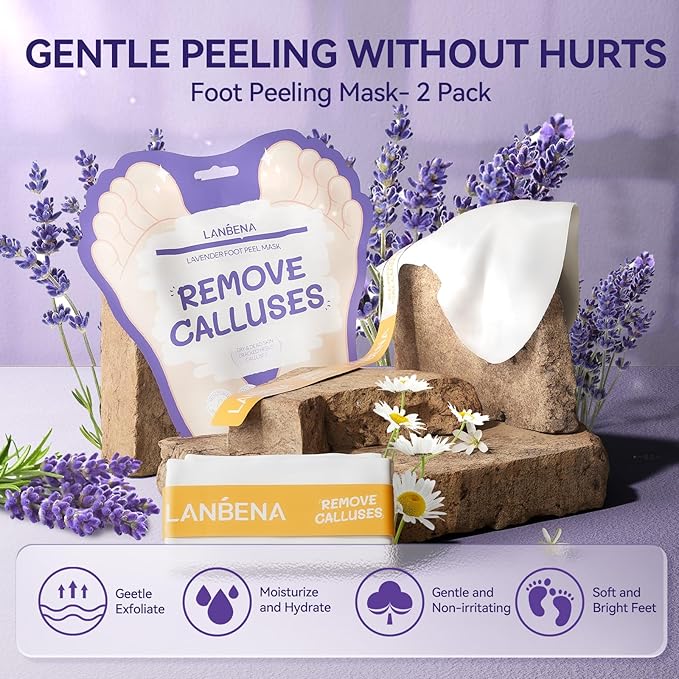 LANBENA Lavender Foot Peel Mask - Foot Peeling Mask for Removing Dry Dead Skin, Calluses & Repairing Rough Heels, for Baby Soft, Smooth Feet - (Lavender - 2 Pairs)