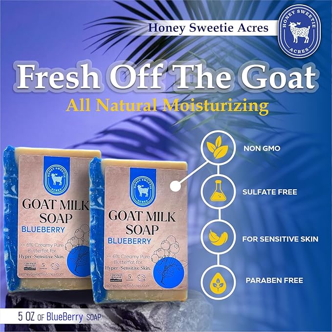 Honey Sweetie Acres 2-Pack Blueberry Goat Milk Soap - All Natural 5 oz Handmade Bar Soap – Moisturizing, Gentle for Sensitive Skin, Eco-Friendly, Made in the USA
