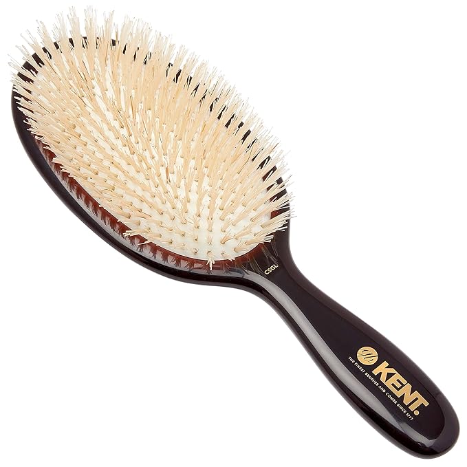 Kent CSGL 9" Large Oval Cushion Straightening Brush and Scalp Brush – Natural White Boar Bristles Hair Brush for Fine or Thinning Hair – Large Cushion Shine & Smoothing (+ Hair Brush Cleaner)