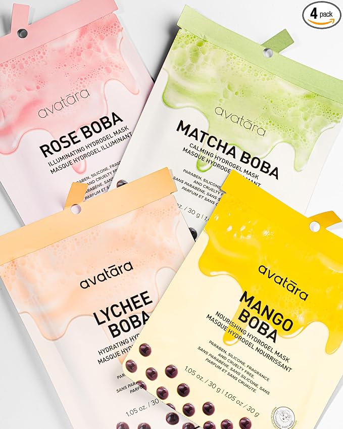 Avatara Boba Goals 4-Pack Variety Hydrogel Mask Set, Rose Boba, Matcha Boba, Mango Boba & Lychee Boba | 1.05 fl. oz / 30 g