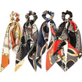 LFOUVRE 4pcs Chain Satin Hair Accessories - Ribbon Scrunchies with Long Tails, Knotted Hair Bands and Elastic Ties for Girls