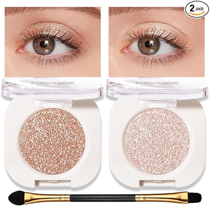 Shimmer Glitter Eyeshadow Palette 2 PCS, Pear White Light Brown Eye Shadow Palettes Neutral Eyeshadow for Women, Smooth Powder Lightweight Blendable High Pigment Compact Daily Eyes Makeup, Set A