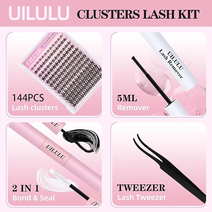 Uilulu Lash Cluster Kit 10-18mm Wispy Lash Clusters C Curl Eyelash Clusters, DIY Lash Extension Kit with Lash Bond & Seal, Lash Glue Remover, Lash Tweezers(U12 Lash Kit)