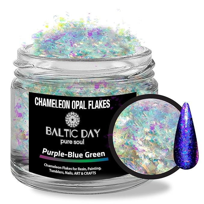 BALTIC DAY Chameleon Opal Flakes [Dark Blue/Green] – Color Shift Mica Pigment Powder for Epoxy Resin, Tumblers, Nail Art, Eyeshadow, Makeup, Molds, and More – Chrome Color Shift Powder