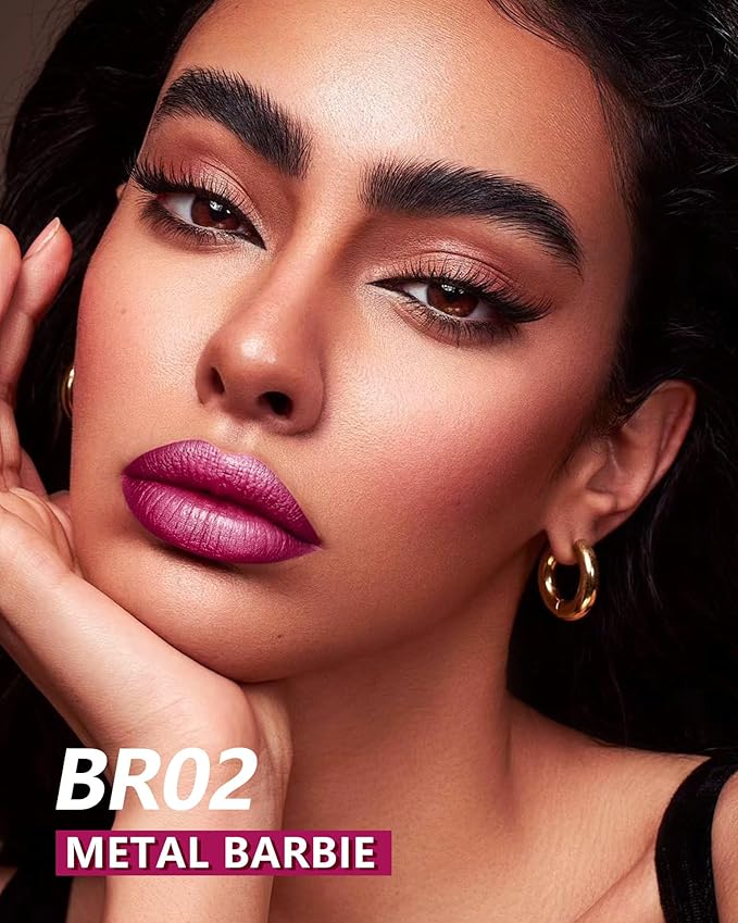 MAKI YIKA Metallic Lipstick Long Lasting Hot Pink Lipsticks for Women Shine Red Lipstick Smudgeproof Transferproof Lip Gloss (BR02 Metal Barbie)
