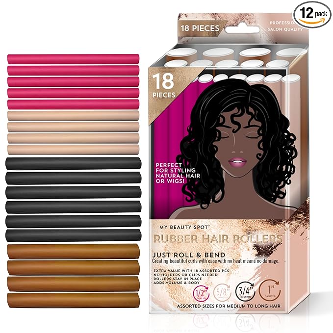 My Beauty Spot Flexi Rods Foam Hair Rollers 18 Flexi Rods 1/2", 3/4", 5/8", and 1" Diameter Professional Salon Quality 18 Pcs Rubber Hair Rollers for Short, Long, and Medium Hair