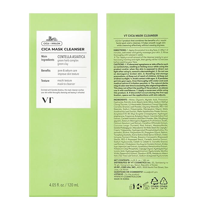 VT COSMETICS CICA Mask Cleanser, 2-in-1 Facial Wash, Non-Drying Clay Mask, Gentle Pore Care, Exfoliating, Hydrating, Centella Asiatica for Acne-Prone & Sensitive Skin, Korean Skincare (4.05 fl. oz)
