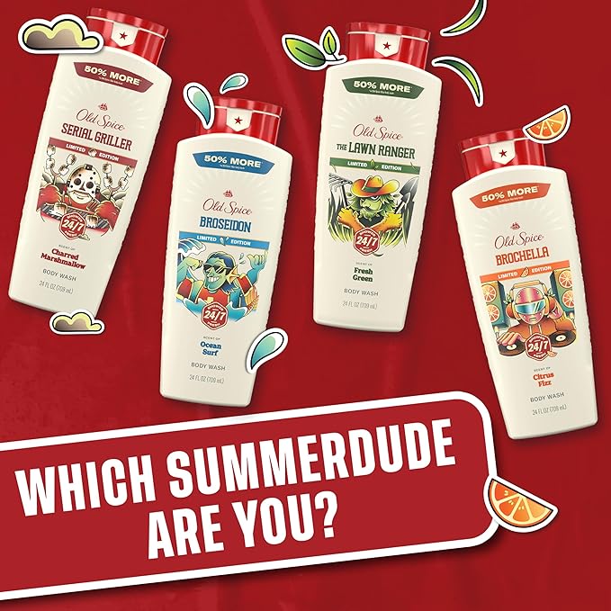 Old Spice Body Wash for Men, Summerdudes, 24/7 Shower Fresh with Daily Use, Long Lasting Scent, Cleanse & Refresh Skin, VIP Festival Experience, Lawn Ranger with Fresh Green Scent, 24 oz