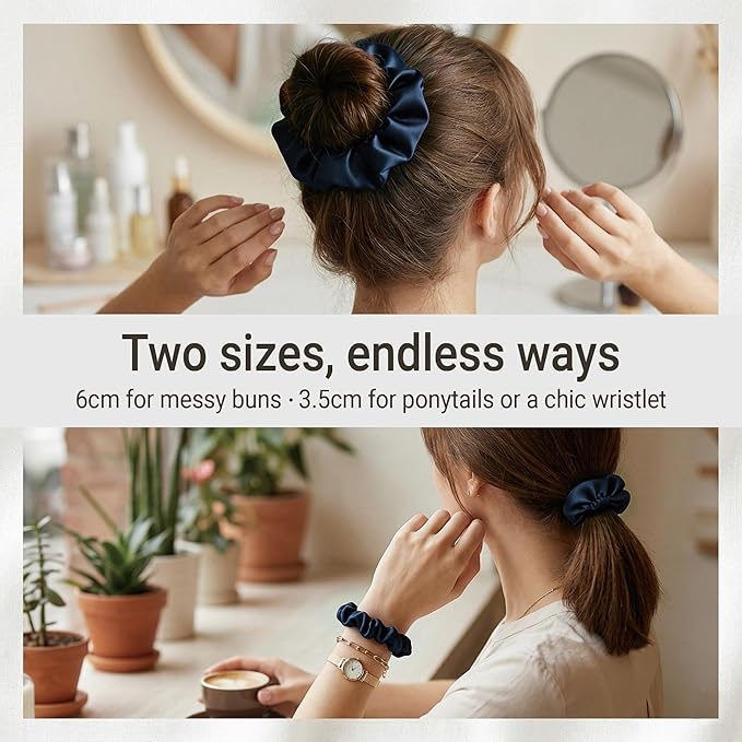 ZLYC 100% Mulberry Silk Hair Tie Scrunchie 19 Momme Gentle Creaseless Dent-Free Ponytail Holder for Women, 6cm Solid Navy