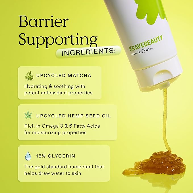 KraveBeauty Matcha Hemp Hydrating Cleanser for Dry or Sensitive Skin, Gentle, Non-Stripping Face Wash with Matcha, Hemp Seed Oil & Glycerin, Fragrance Free, 120ml