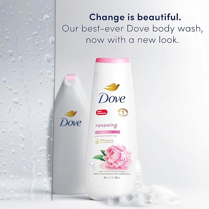 Dove Body Wash 4 Count Renewing Peony and Rose Oil and Body Scrub 3 Count Himalayan Salt & Rose Oil