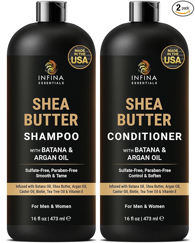 INFINA ESSENTIALS Shea Butter Shampoo & Conditioner Set | 16 fl oz Each | with Batana Oil & Argan Oil | Moisturizing, Strengthening & Frizz Control Formula | Supports Hair Growth & Adds Thickness