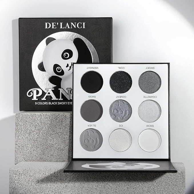Black Smoky Eye shadow Palette, DE’LANCI PANDA 9 Colors True Black Dark Grey Smokey Goth Makeup Pallet, 9 Soft Matte Shimmer High Pigmented Basic Black White Gray Shade for Halloween