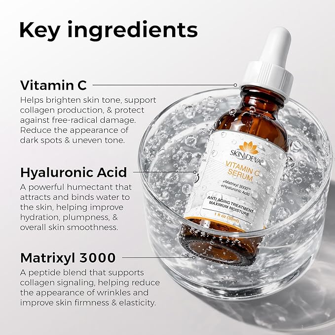 Skin Deva Vitamin C and Hyaluronic Acid Serum for Face Matrixyl 3000 Anti Aging Serum, Anti Wrinkle Facial Serums - Improve Appearance of Dark Spots, Tone, Fine Lines, Glowing -(PACK OF 2)