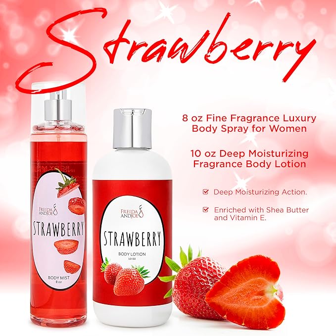 Home Spa Gift 10oz Deep Moisturizing Fragrance Body Lotion & 8 oz. Fine Fragrance Body Mist Set Luxury Self-Care Combo for Women and Girls (Strawberry) – Mother's Day Gift for Mom