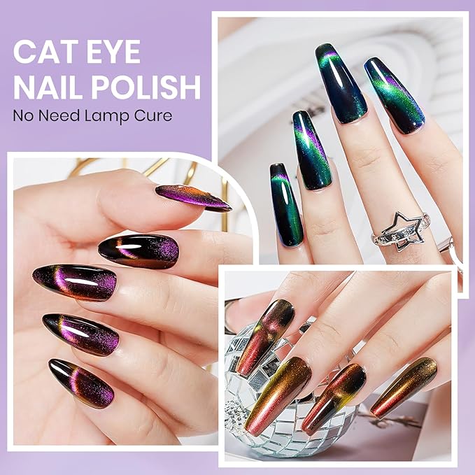 9D Magnetic Nail Polish Set, Cat Eye Nail Polish Non Gel with Magnet, Multi-Color Holographic Glitter Cateye Nail Lacquer Quick Dry High Glossy DIY Salon Gift for Women Girl