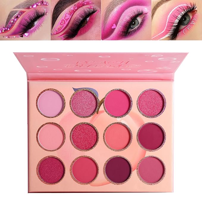 Pink Eyeshadow Palette,12 Colors Peach Matte & Shimmer Highly Pigmented Pink Mini Makeup Eyeshadow Pallet, Warm Natural Blendable Long Lasting Waterproof Small Pallets Eyeshadow for Women and Girls