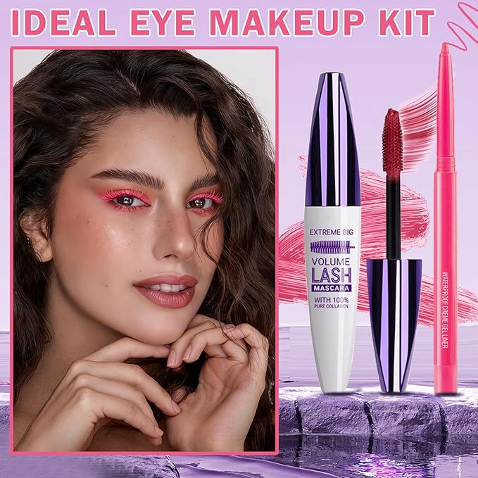 Pink Mascara and Eyeliner Set,Natural Curling Pink Mascara for Eyelashes,Volumizing Lengthening Rimel de Pestañas Waterproof,5D Colored Eye Makeup