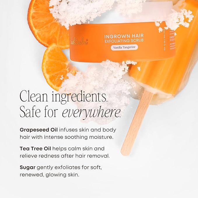 Bushbalm Ingrown Hair and Razor Bumps 2-Step Routine - Moisturize and Calm - Ingrown Hair Oil (30 ml) and Exfoliating Scrub (236 ml) - Vanilla Tangerine