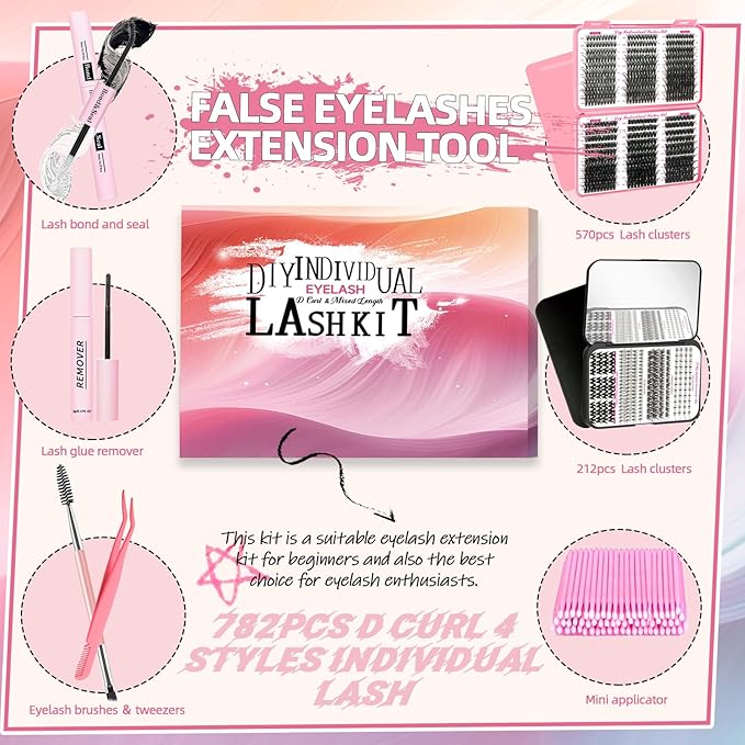 QUKLOGEN DIY Lash Extension Kit 782Pcs D Curl 4 styles Individual Lash with Bottom Lash Clusters Lash Bond and Seal,Quick Glue Remover Tweezers Eyelash Brush Mini Applicator (LASH001)
