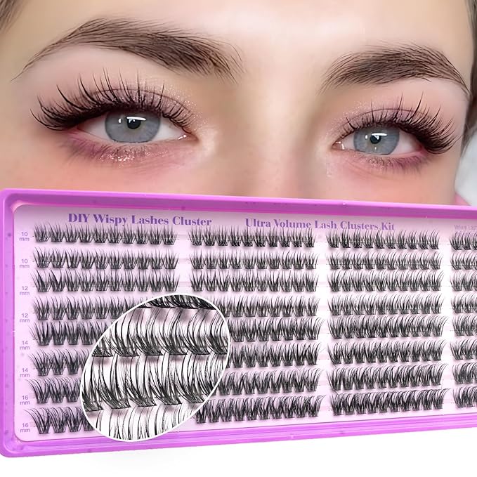 Wispy Lash Clusters Kit, Natural Lash Cluster Eyelash Extensions 320 Pcs C Curl 10-16mm Individual Fluffy False Eyelashes Thin Band DIY Kit for Beginners at Home