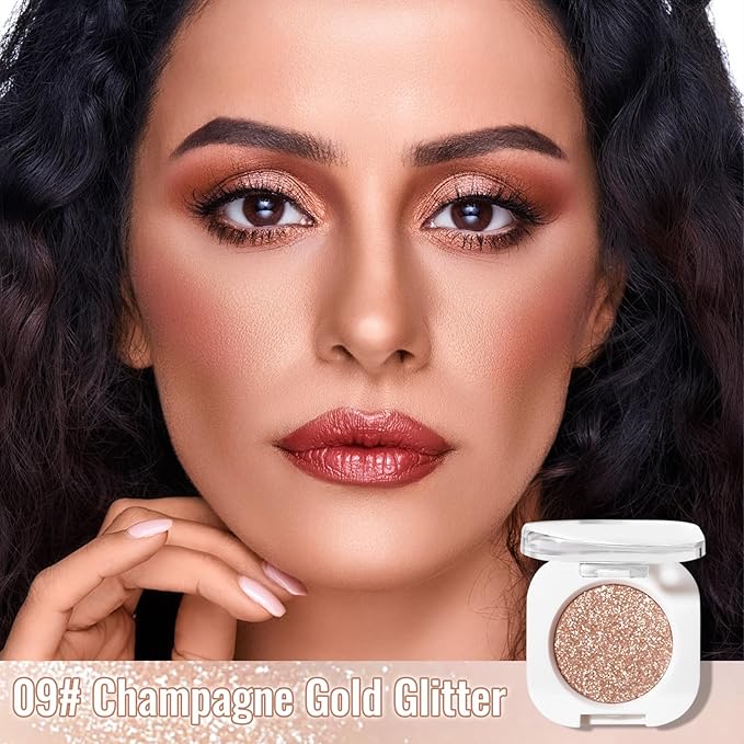 Erinde Champagne Gold Shimmer Single Eyeshadow, Metallic Glow Glitter Cream Eye Shadow, Monochrome Eyeshadow Palette Makeup, Waterproof Sombras para Ojos, Vegan & Cruelty-Free, 09