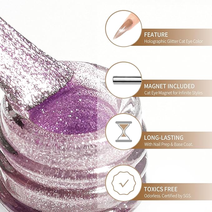 MAYCHAO 15ML Cat Eye Gel Nail Polish 1Pc Purple Gel Polish with Magnet Soak off Holographic Magnetic Nail Polish for Nail Art Manicure Salon DIY at Home, 0.5 OZ