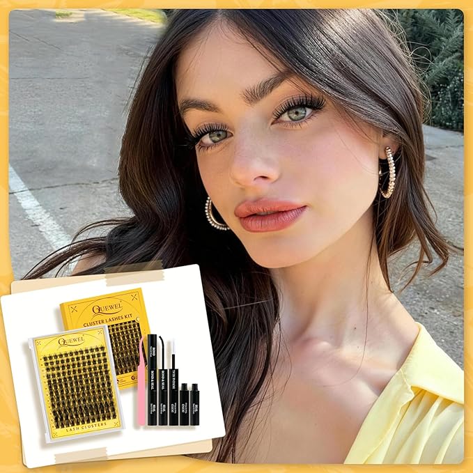 QUEWEL Lash Clusters Kit, 144PCS Natural Lash Custers with Lash Bond and Seal, C Curl Wispy Cluster Lashes Natural Look with Thin Band Easy to use for Beginners (DJ-FD-E）