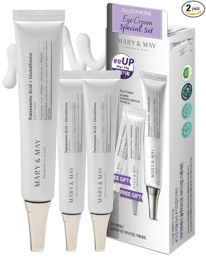 Mary&May Tranexamic Acid + Glutathione Eye Cream Set (1,000ppm each) – Brightening Under Eye Cream for Dark Circles & Uneven Tone, Vitamin C, Niacinamide – 1.01 oz + 0.4 oz Mini x2