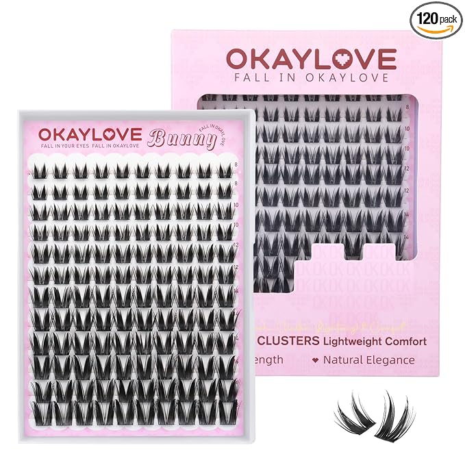 OKAYLOVE Manga Lash Clusters, BUNNY 8-18mm Natural Anime Eyelash Cluster with Spikes, 120pcs CC Curl Fairy Individual Lashes Clear Band Wispy Cluster Eyelashes Extensions for Party, Cosplay