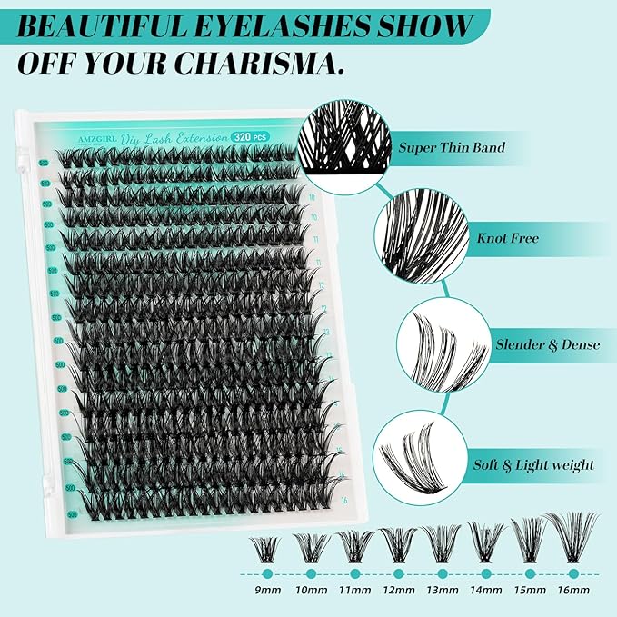Lash Clusters Kit,DIY Individual Lashes Extension Kit,Lash Bond And Seal,Lash Remover For Eyelashes Extensions,Lash Applicator Tool For False Eyelash Cluster Kit（320PCS, 50D, 9-16mm）