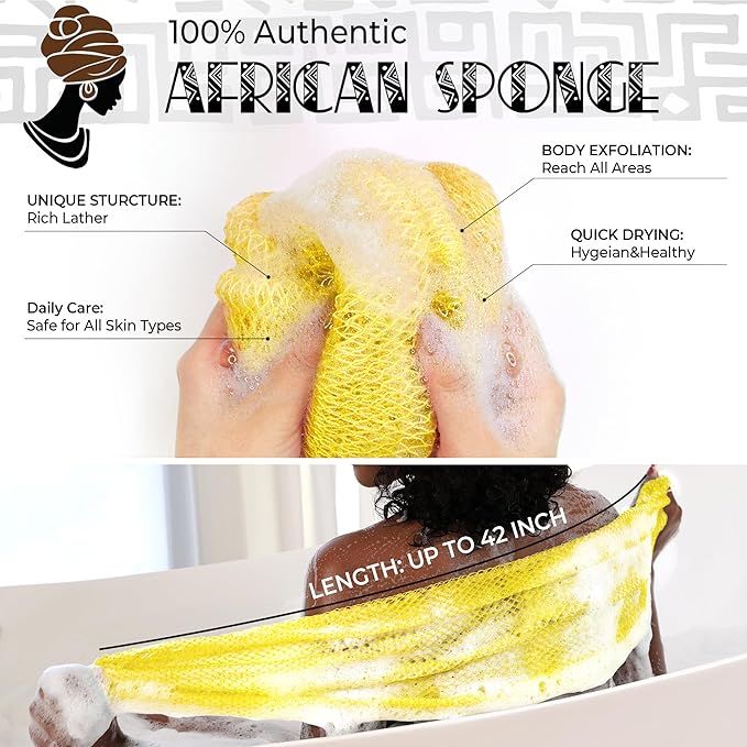 African Net Sponge Authentic - Exfoliating Back Scrub Bath Sponge with Handles - Afro Scrub Body Scrubber Exfoliator Washcloth - African Body Care Daily Use Shower Essentials