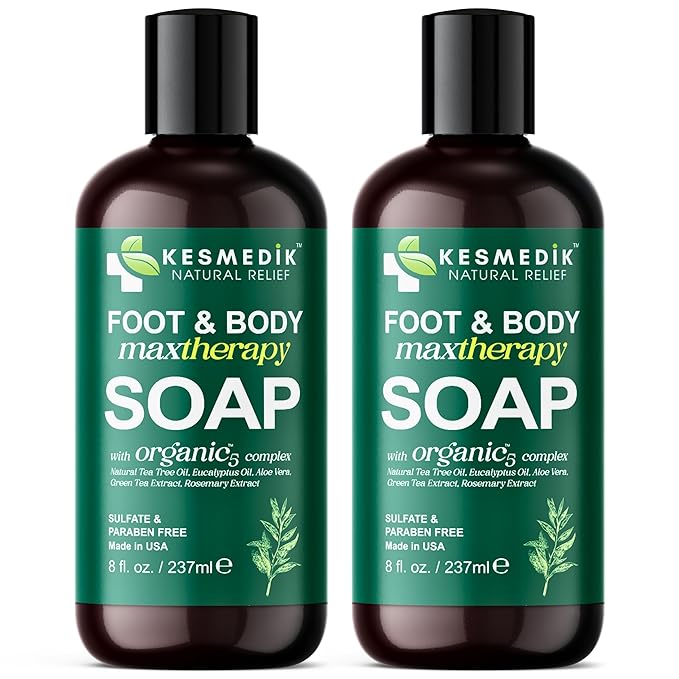 KESMEDIK Tea Tree Oil Soap Body Wash with Peppermint for Foot & Body, Antifungal & Antibacterial Support Cleanser, Helps Soothe Ringworm, Athlete’s Foot, Jock Itch, Acne & Body Odors, 2-Pack