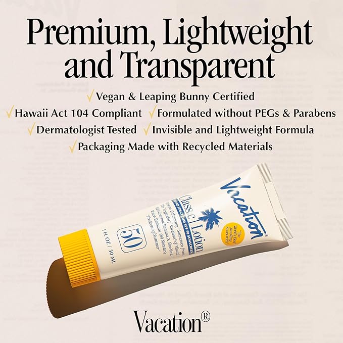 Vacation Mini Classic Lotion SPF 50, Water-Resistant, Mini Sunscreen Bulk Party Favor, Beach Must Haves, Traveling Essentials, Suntan Lotion Travel Size, 1 Fl. Oz. (Value Pack of 24)