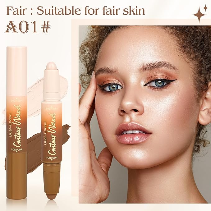 2Pcs Contour Highlighter Stick，2-in-1 Dual-Ended Cream Bronzer & Highlighter Sticks Pen for Face Body Contouring Makeup- Buildable，Waterproof, Easy to Apply Suitable for Beginners(01+01)