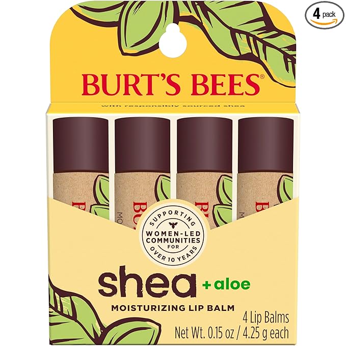 Burt's Bees Shea and Aloe Moisturizing Lip Balm, Lip Moisturizer With Responsibly Sourced Beeswax, Tint-Free, Natural Origin Conditioning Treatment, 4 Tubes, 0.15 oz.