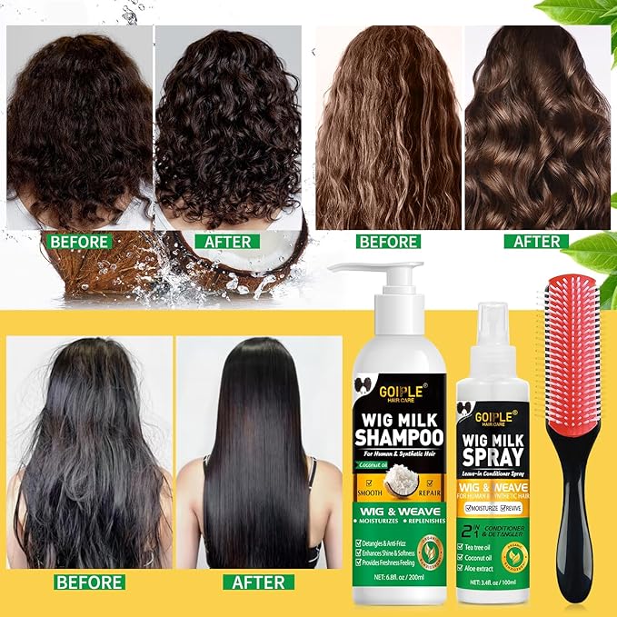 Wig Shampoo for Synthetic Wigs & Wig Milk Spray for Synthetic Hair, Detangle and Anti-Frizz, Hydrates & Moisturizes Synthetic Wig Shampoo, Conditioner＆Detangler 2 in 1 Moisturize Spray Detangler Brush