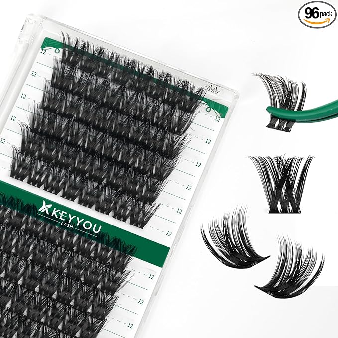 Lash Clusters,96 Pcs Cluster Lashes Y07 D Curl 12mm DIY Lash Extensions Eyelash Clusters,KEYYOU Volume Wispy Individual Lashes Soft&Comfortable Easy DIY at Home(Y07,D-12mm)