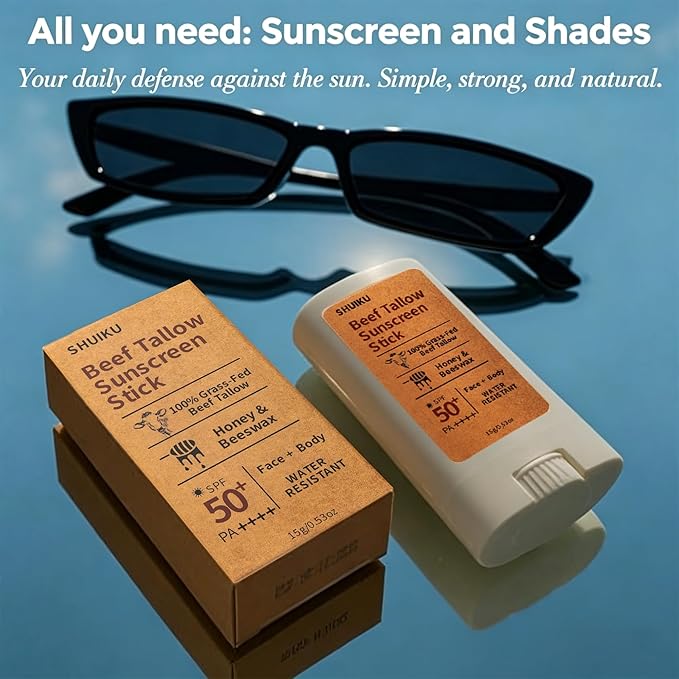 Beef Tallow Sunscreen Organic Stick SPF 50 – Non Nano Zinc Oxide Tallow-Based Mineral Sunscreen with Honey & Beeswax for Face & Body, Water-Resistant Natural Sunblock, 0.53 oz