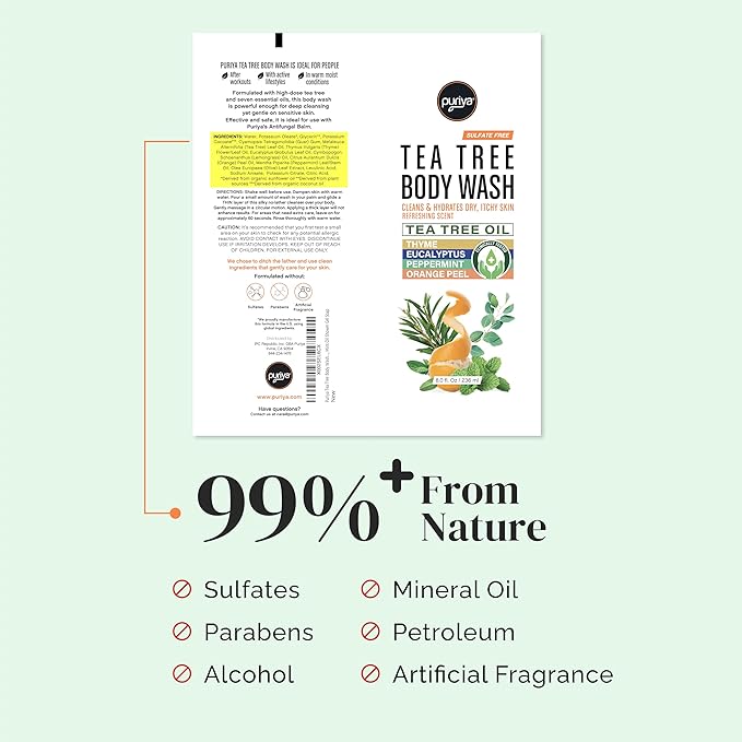 Puriya Tea Tree Body Wash, Use with Jock Itch, Athletes Foot, Body Back Acne Treatment, Moisturizing Natural Wash for Men, Women, Dry Skin, Eucalyptus, Mint Oil Shower Gel Soap
