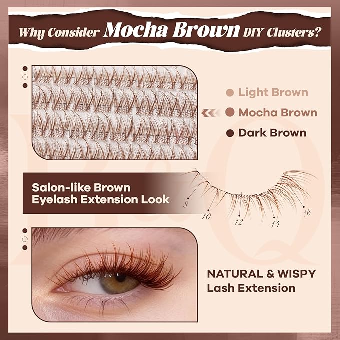 B&Q Brown Lash Clusters Kit Natural Mochalash Clusters 01, Brown Eyelash Clusters Kit C-Curl Cluster Eyelash Extensions 8-16mm Wispy Lash Eyelashes Kit for Fair/Dark Hair(Mochalash 01 Set)