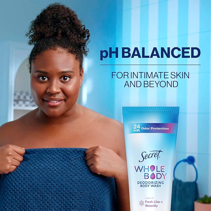 Secret Feminine Wash, 24 HR Deodorizing Feminine Body Wash for Women, Removes 6x Causes of Odor, PH Balanced, Safe to Use Everywhere, Lilac & Waterlily Scent, 8.0 Fl Oz