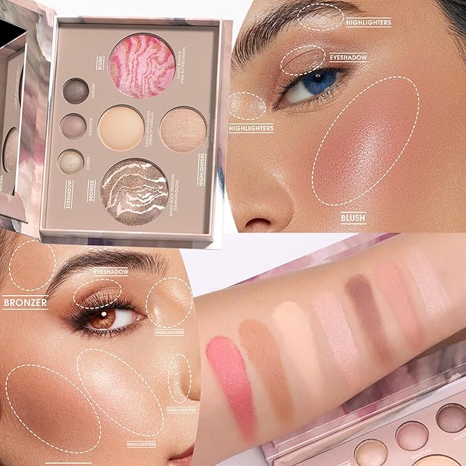 All in One Baked Makeup Palette, Full Size Makeup Set with 3 Eyeshadows, Bronzer, Blush, Matte & Shimmer Highlighter For Women Girls, Travel-Friendly Compact