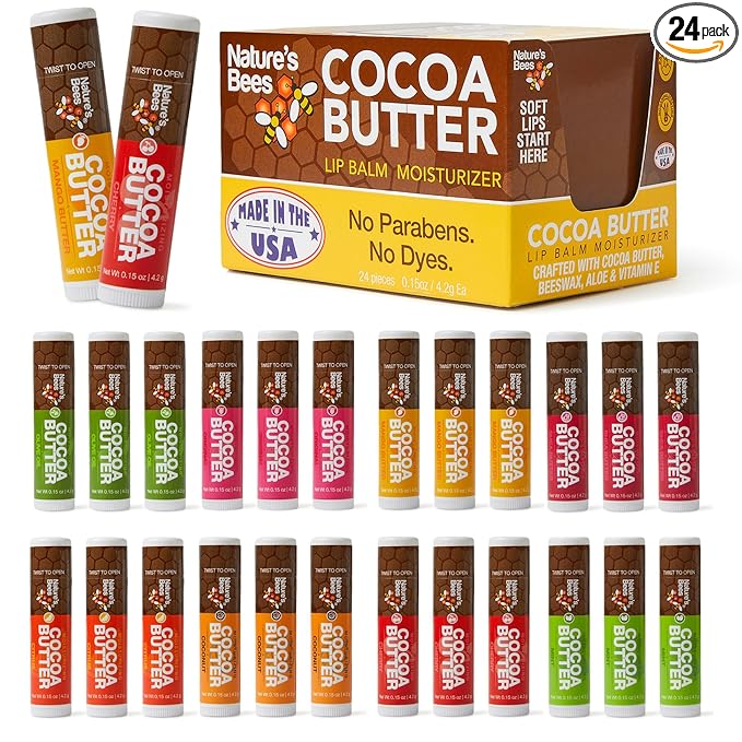 Nature's Bees Lip Balm, Bulk Lip Care Pack for Dry, Cracked Lips, Made in the USA with Natural Ingredients, 0.15 oz Each, 8 Flavors, 24 Pack - Packaging May Vary