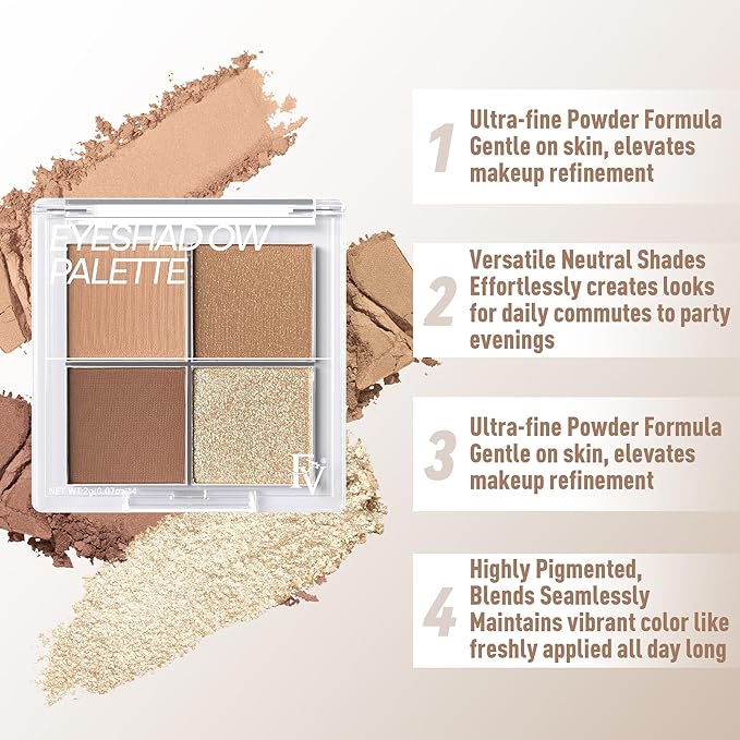 FV Natural Finish Eyeshadow Palette, 4 Matte & Metallic High Pigment Shades, Long-Lasting Eye Shadow Palette Makeup, Crease-Proof, Blendable Eye Makeup (Neutral)