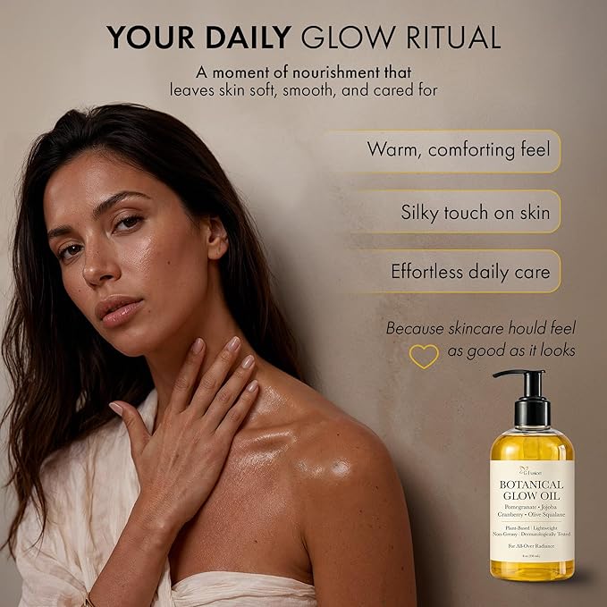 Botanical Body Glow Oil – Plant-Based Shimmer Body Oil for Radiant, Smooth, Hydrated Skin – Oil for Face, Hair, Skin & Nails – Pomegranate, Jojoba, Cranberry & Olive Squalane – All Natural
