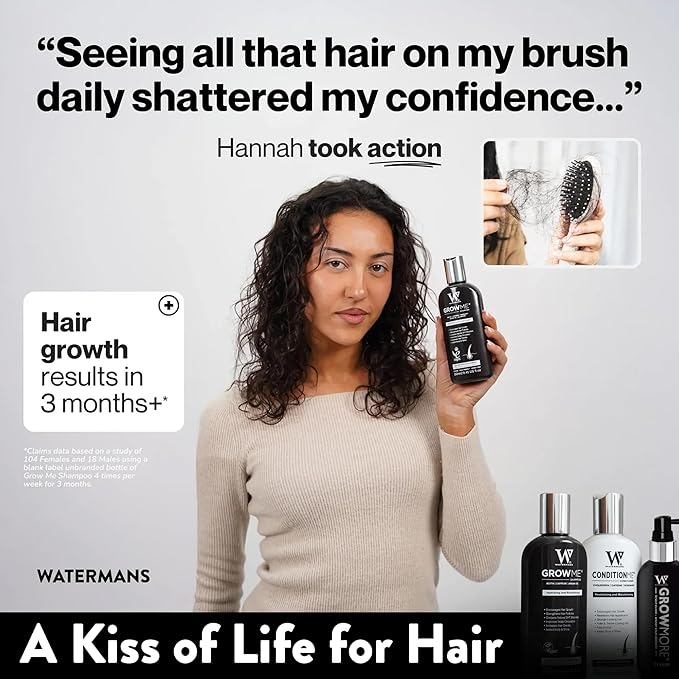 Watermans Grow Me Organic Hair Growth Shampoo for Men & Women – Strengthening & Moisturizing with Biotin, Rosemary, Caffeine & Argan Oil for Fuller, Thicker-Looking Hair (8.45 fl oz)