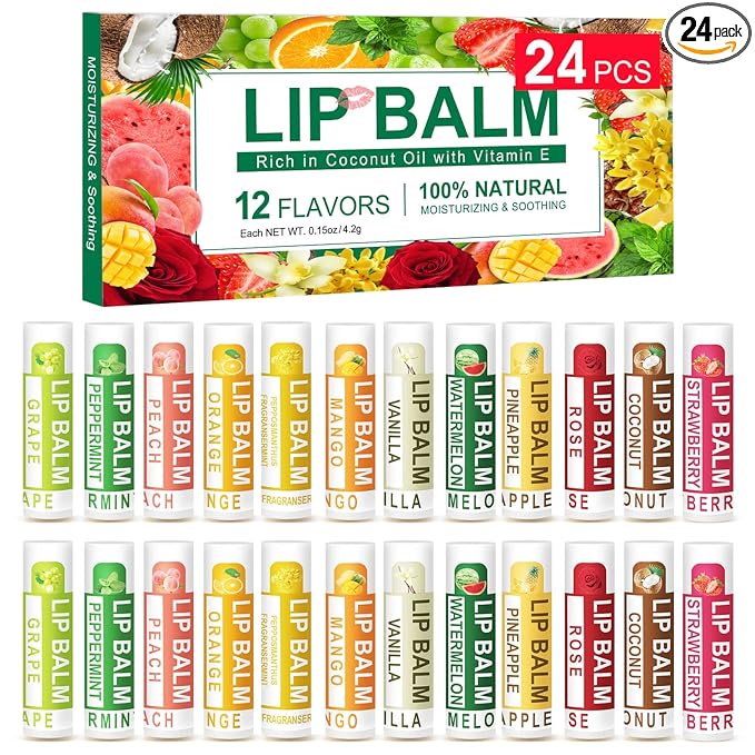 DMSKY 24 Pack Lip Balm, Natural Lip Balm Bulk with Vitamin E and Coconut Oil, Moisturizing Lip Care Product for Chapped Lips, Mothers Day Gifts and Teacher Appreciation Gifts