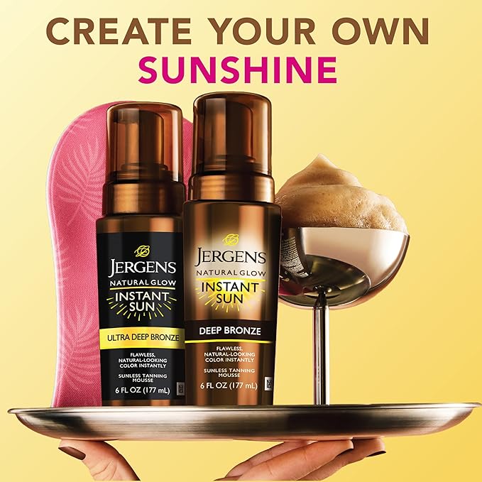 Jergens Natural Glow Instant Sun Body Mousse, Self Tanner for Ultra Deep Bronze Tan, Sunless Tanning Body Bronzer, Natural Looking Fake Tan, 6 Oz