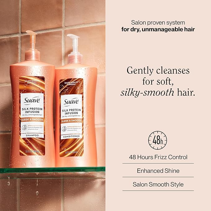 Suave Silk Protein Smooth & Sleek Shampoo for Dry, Unmanageable Hair, Anti-Humidity + 48HR Frizz Control, Enhances Shine, 28 FL OZ Pump, 4 Count